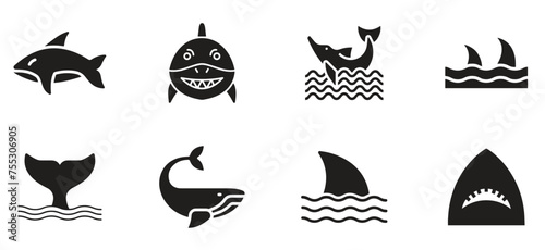 A set of shark related vector design. Shark tail, fins, face and so on. Vector icon set of shark