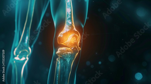 A film x-ray of the left knee lateral view showed the kneecap (patella) bone fracture. The plain film of the femur on a dark background with copy space.Medical concept.Human imaging technology.