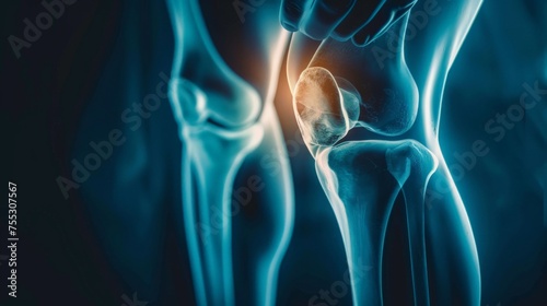A film x-ray of left knee lateral view shown fracture of knee cap(patella) bone. The plain film of femur on dark background with copy space.Medical concept.Human imaging technology.