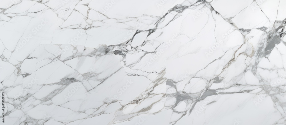 Detail shot of a white marble surface with a polished finish. The Italian Statuario marble features a glossy texture with subtle brown streaks running across the stone.