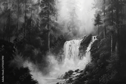 A monotone painting of waterfall