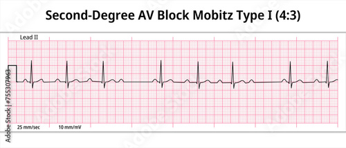 ECG Second Degree AV Block Mobitz Type 1 (4:3) - 8 Second Paper Electrocardiogram - Medical Vector Illustration