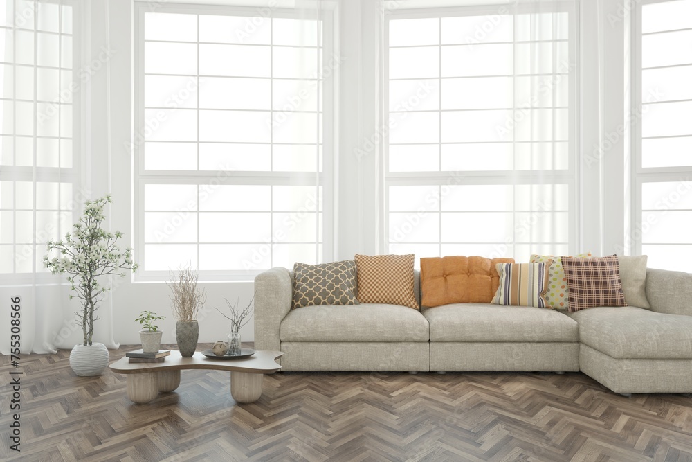 Fototapeta premium White living room with sofa. Scandinavian interior design. 3D illustration