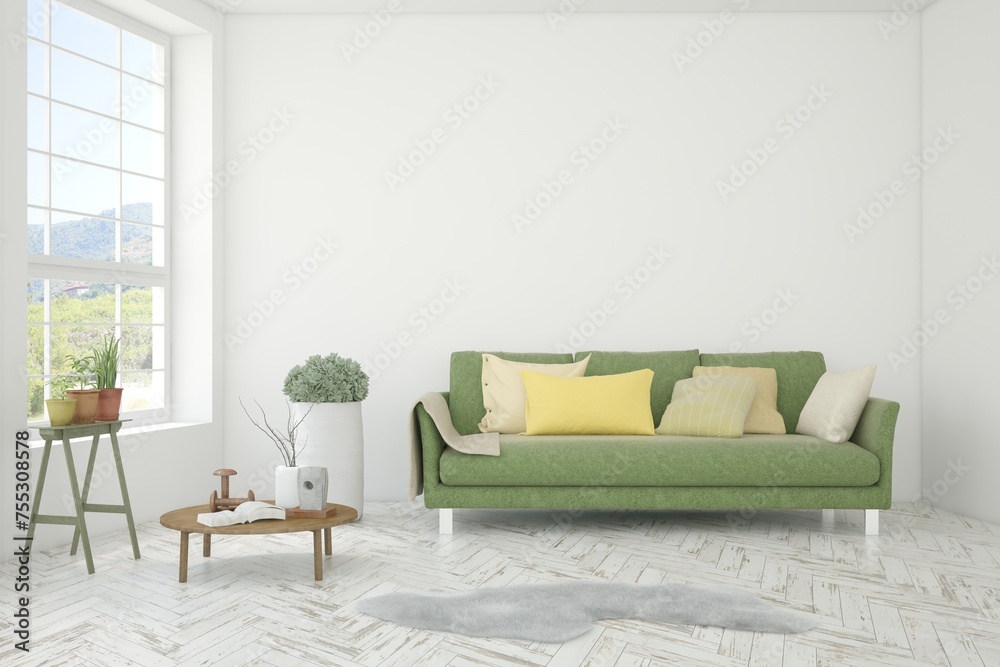 White living room with sofa. Scandinavian interior design. 3D illustration White living room with sofa. Scandinavian interior design. 3D illustration