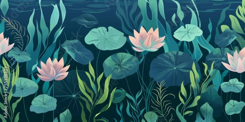 Background Texture Pattern Aquatic Plants Include elements like seaweed, water lilies, and other freshwater flora in shades of green and blue created with Generative AI Technology photo