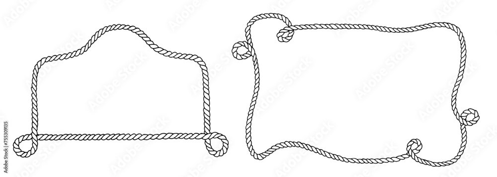 Rope Frame Border Vector set. Vintage line art with background. Linear drawing of rectangular shaped wreath. Corner cord cadre. Outline black and white design element for cards and stickers