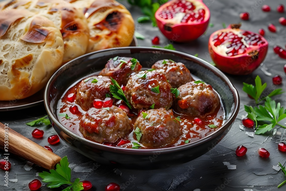 traditional homemade beef and lamb meatballs with arabic bread, tomato sauce, pomegranate and aromatic herbs