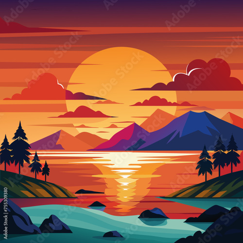 Vivid Sunset Landscape Silhouette in Vector Format