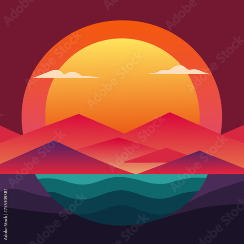 Spectacular Sunset Landscape Silhouette in Vector Format