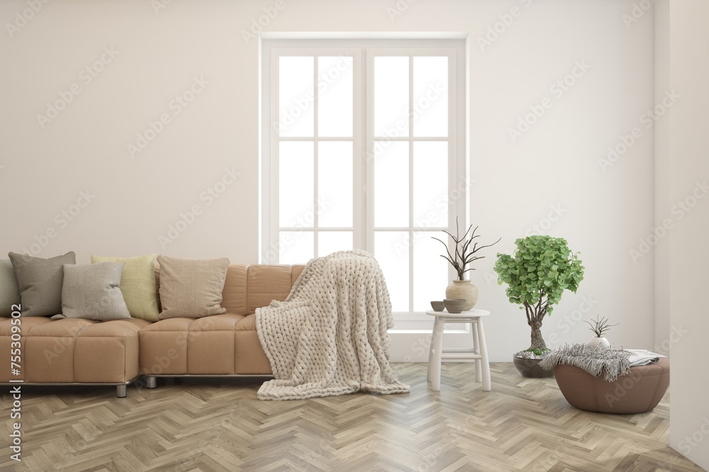 Fototapeta premium White living room with sofa. Scandinavian interior design. 3D illustration