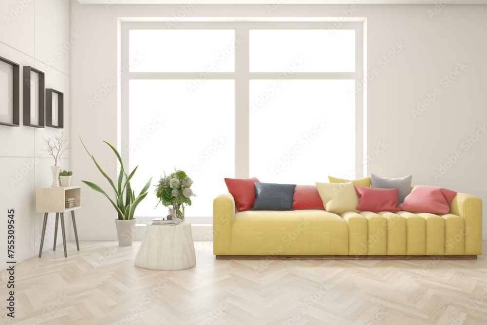 Naklejka premium White modern interior design with sofa. Scandinavian interior design. 3D illustration