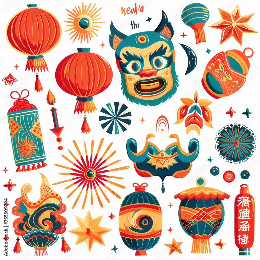 Obraz premium Clipart illustrations with various symbols of Chinese New Year on a white background