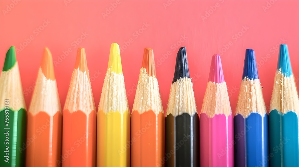 Vibrant Colored Pencil Set on Soft Pastel Red Background Expressing Creativity in School Supplies Vibrant Colored Pencil Set on Soft Pastel Red Background Expressing Creativity in School Supplies