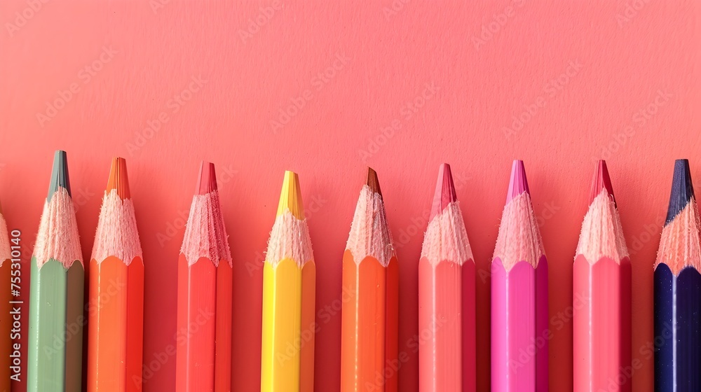 Colorful Crayons Arranged on Soft Coral Background - Inviting Artistic Composition Symbolizing Creativity and Joy - obrazy, fototapety, plakaty 