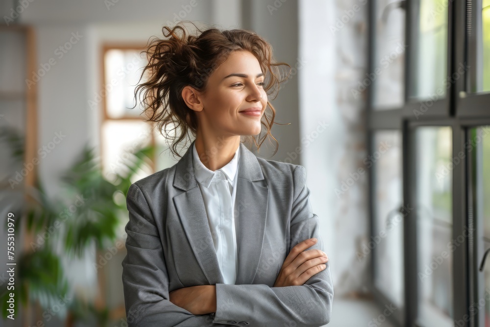 Happy business women wearing suit standing in office Happy business women wearing suit standing in office