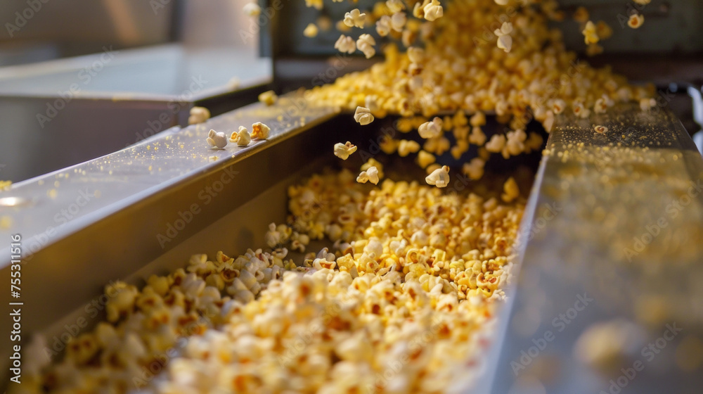 Closeup of the small chute at the bottom of the machine where the delicious popcorn spews out in a steady stream ready to be enjoyed.