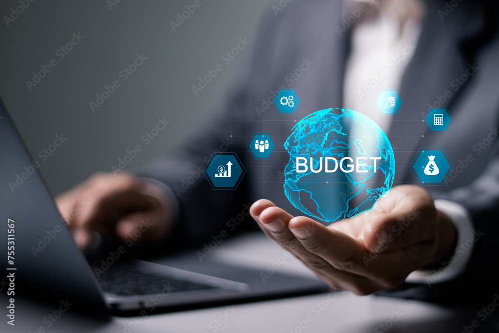 Budget and financial planning concept. Calculate company income and expenses. invest money, business and finance, capital fundraising, loan credit. Corporate finance and annual strategic plan. - obrazy, fototapety, plakaty 