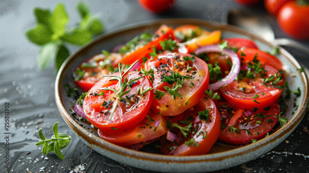 A colorful dish of sliced ripe tomatoes seasoned with herbs, spices, and onions, perfect for a healthy and flavorful meal. A colorful dish of sliced ripe tomatoes seasoned with herbs, spices, and onions, perfect for a healthy and flavorful meal.