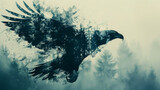 An artistic double exposure that superimposes a soaring eagle against a dense forest, creating a surreal fusion of wildlife and wilderness.