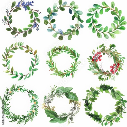 Clipart illustration with various wreaths on a white background