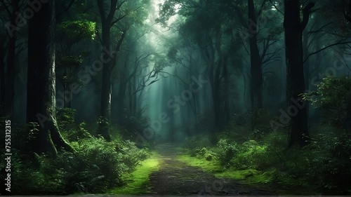 scary dark forest with green bushes © Ai