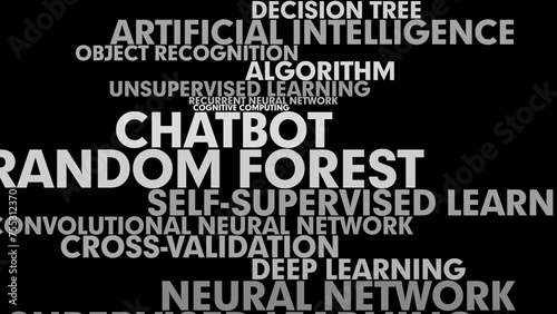 Deep learning in ai artificial intelligence texts on black background with chatbot and neural network
