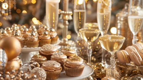 Sparkling Dessert Spread Indulge in a sweet finale to the year with a spread of sparkling desserts such as champagne cupcakes glittery macarons and gold dusted truffles.