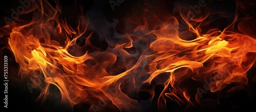 A close-up view of a fiery blaze burning brightly against a pitch-black backdrop, showcasing intricate shapes and textures formed by the orange flames. The flames seem to dance and flicker with