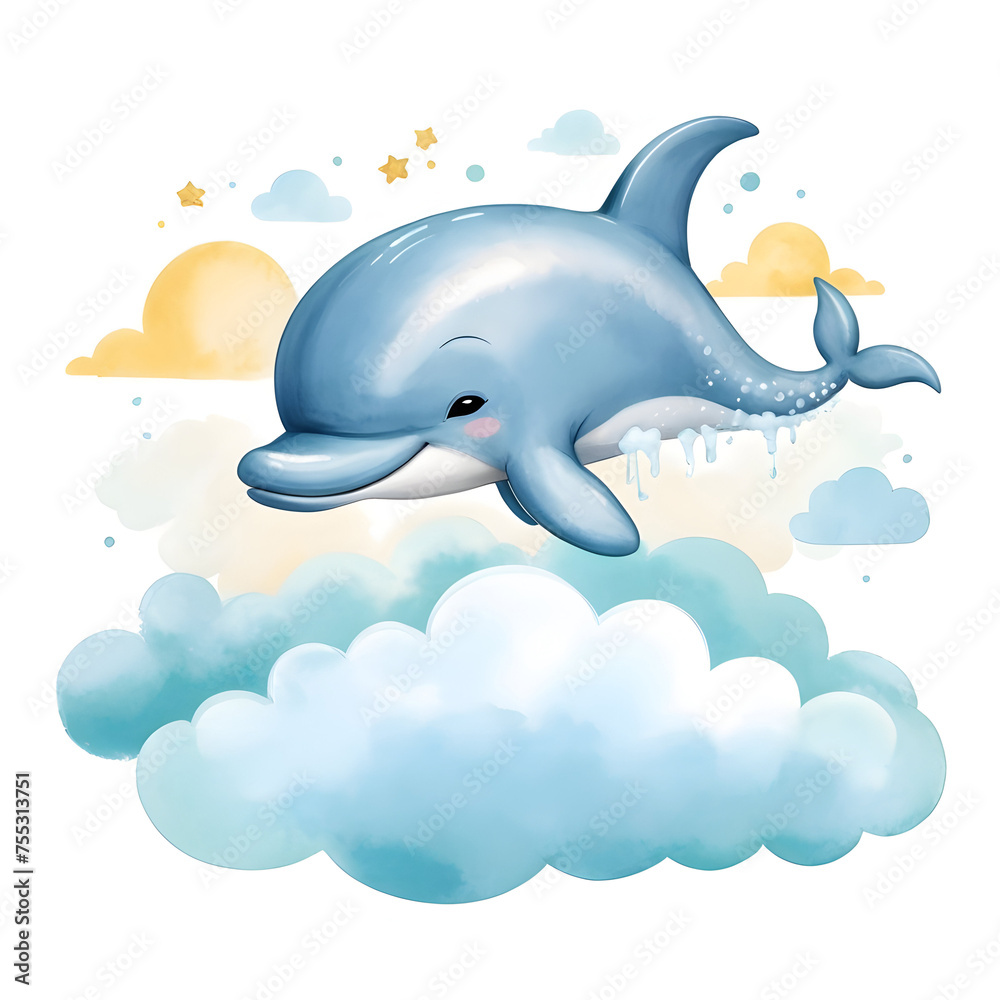 Obraz premium Funny Dolphin Sleeping on a Cloud for toddlers