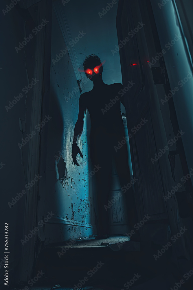A dark human figure with red eyes standing in front of a bedroom