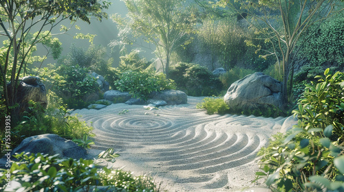 A tranquil Zen garden, with meticulously raked sand and lush greenery set against a backdrop of calming jade hues.