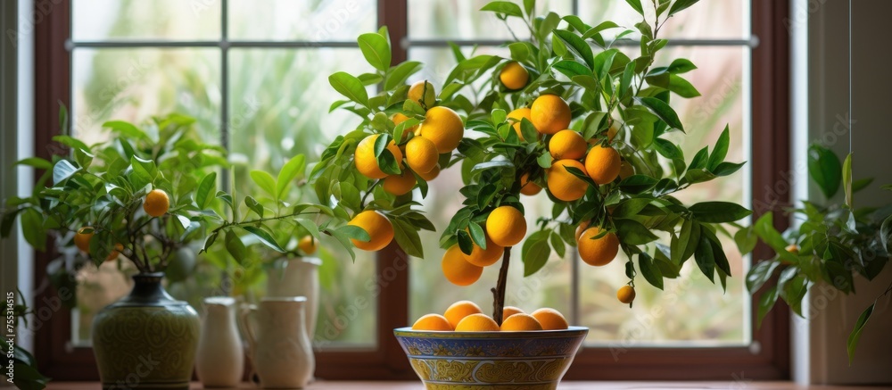 A bowl filled with vibrant oranges sits on a wooden table in front of a window. Sunlight streams through the window, casting a warm glow on the oranges and the table.