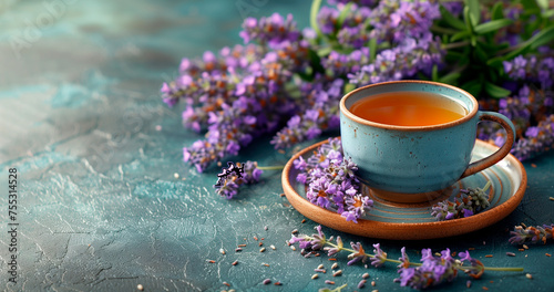 A cup of herbal lavender tea. A mixture of dry lavender for alternative medicine. A useful herbal tea to boost immunity. Tea with violet herb.