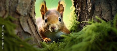A fluffy squirrel with tufts on its ears and dark eyes peeking out from behind a tree trunk on a green summer background. The squirrel appears curious and vigilant  showcasing typical behavior of wild