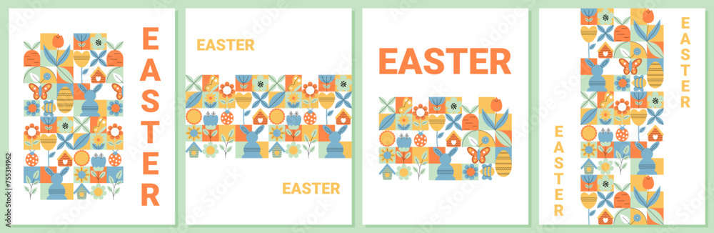 Geometric Easter banners set in retro abstract style for holiday design. Flat minimal spring vector illustration