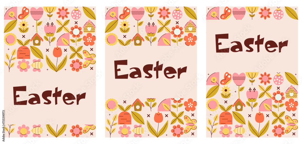 Geometric Easter banners set in retro abstract style for holiday design. Spring and summer concept. Flat minimal vector illustration