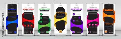 Business 3d roll up banner collection for events, annual meetings, presentations, marketing and brochure, covers in blue, red, green, yellow, purple, pink and orange