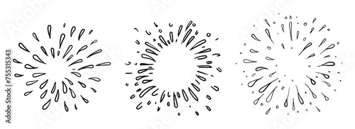 Set of doodle sketch style of Starburst, sunburst, Element Fireworks Black Rays. Comic explosion effect.