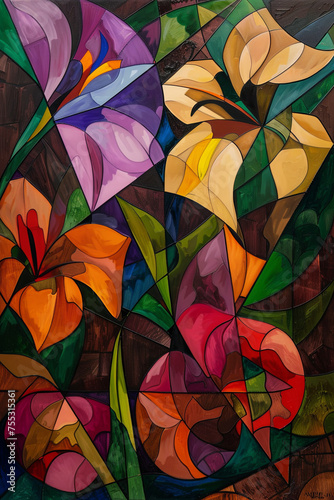 A cubism painting of colorful flowers