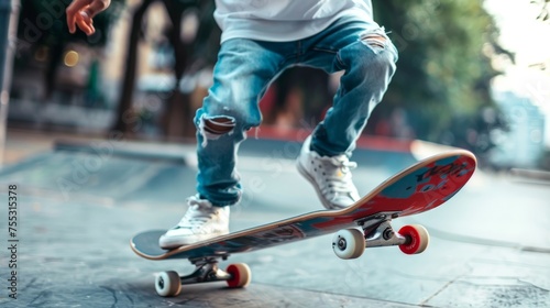 Close up of feet on skateboard, Kid having fun skateboard, Healthy summer sport and outdoor activity