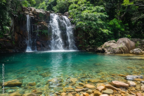 A beautiful waterfall cascading into a crystal clear pool. Surrounded by lush green leaves © wpw