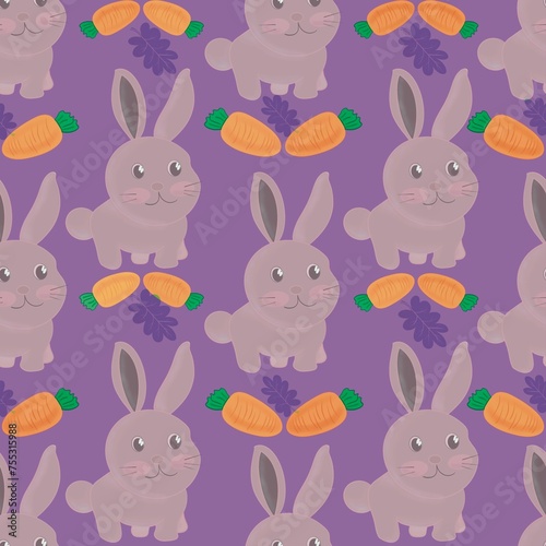 Easter bunny with carrot on purple background.Concept for naive pattern baby fabric print  textile print  poster design greeting background or invitation card for party backdrop in holiday easter day