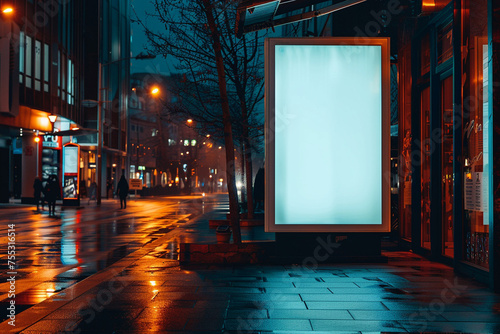 Empty white billboard stands on the sidewalk  awaiting vibrant advertising content to illuminate the night cityscape.