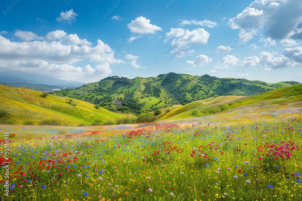 The hills are covered with colorful wildflowers in spring.