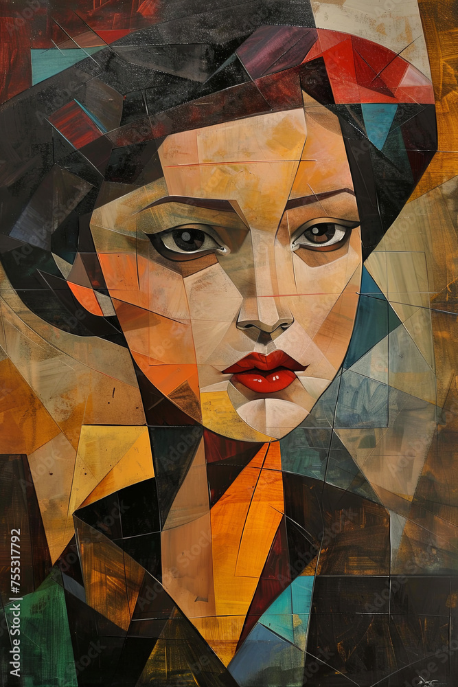A cubism painting of an Asian woman
