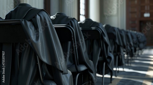 A closeup of a graduation gowns dd over chairs ready to be worn by the class on their special day. In the corner the words of an unforgettable valedictorian speech can be photo