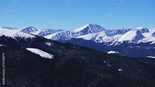 Winter Quandary Peak fourteener Ten Mile Range Breckenridge Colorado aerial drone Boreas Hoosier Pass Blue River Mt Lincoln clear blue sky morning Rocky Mountain layers wide landscape upward  motion photo