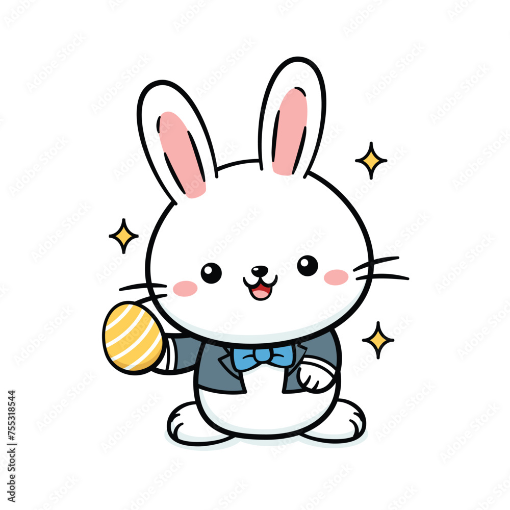 Cute White Baby Easter Bunny Rabbit In Tuxedo With An Egg Cute White Baby Easter Bunny Rabbit In Tuxedo With An Egg