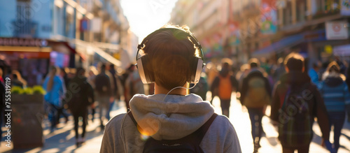 young people listening music with headphone in crowded people