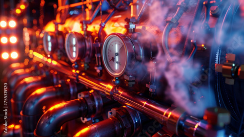 A powerful engine rumbling as it generates steam with pipes and gauges releasing the excess pressure.
